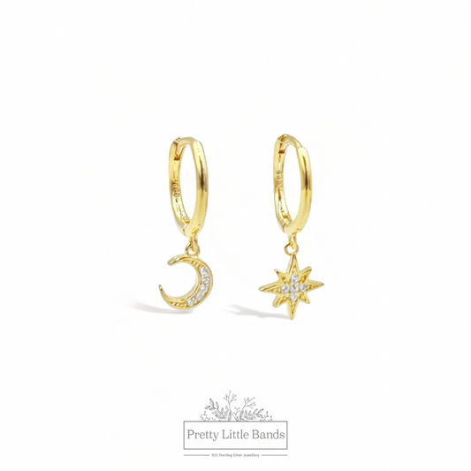 Star & Moon Charm Hoop Earrings | Available in Silver & 18k Gold