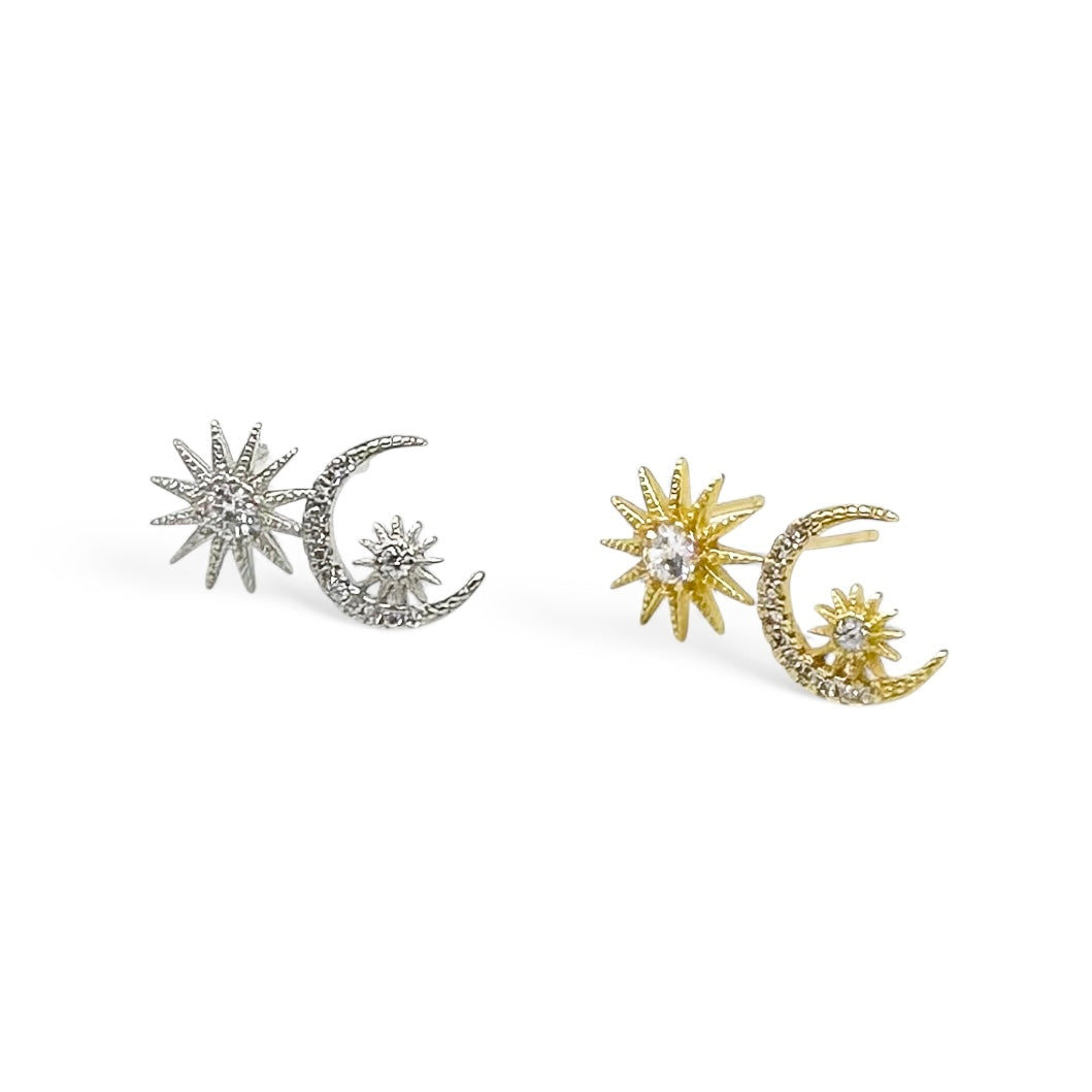 Star & Moon Crystal Studs Earrings | 925 Sterling Silver | Available in Silver & Gold