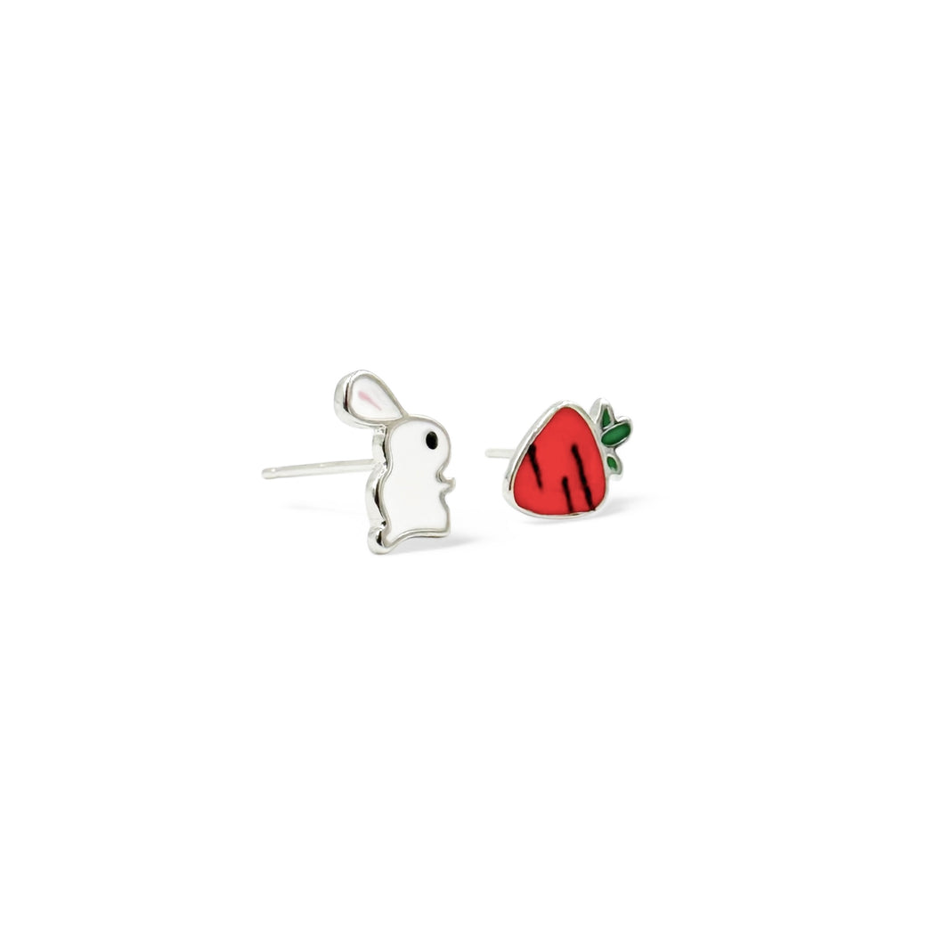 Asymmetrical Bunny & Carrot Stud Earrings | 925 Sterling Silver