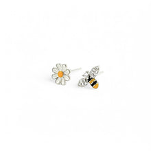 Load image into Gallery viewer, Asymmetrical Bee &amp; Flower Stud Earrings | 925 Sterling Silver
