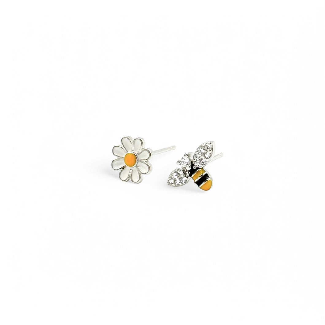 Asymmetrical Bee & Flower Stud Earrings | 925 Sterling Silver