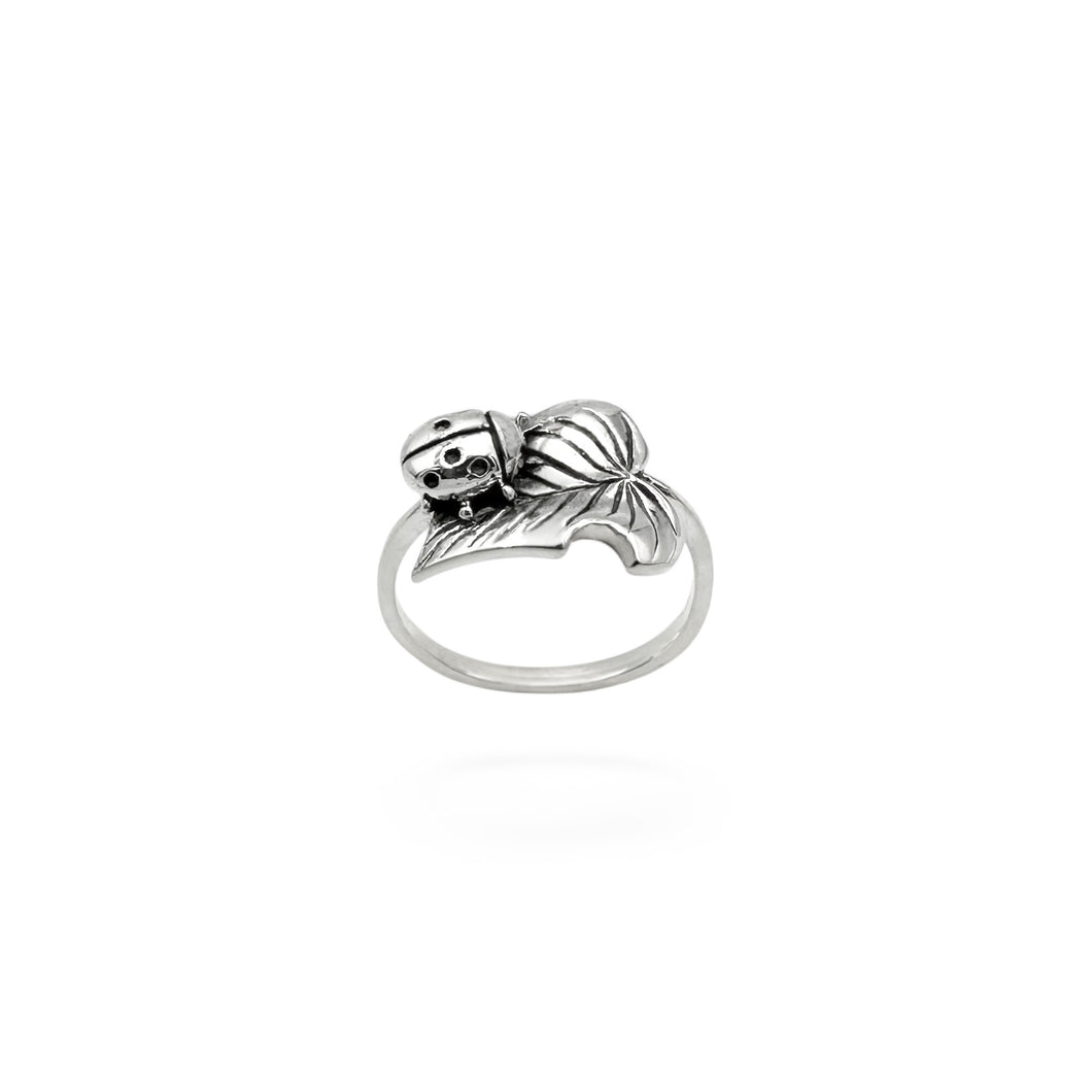 Leaf & Lady Bug Ring | 925 Sterling Silver | Size 6-10