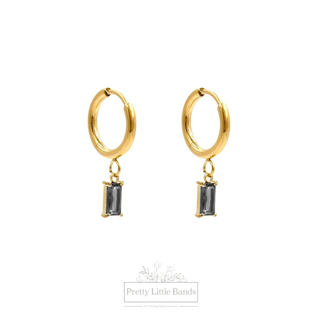 Black Crystal Hoop Earrings | 18k Gold Filled